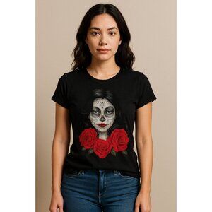Bay Island Sportswear Sugar Skull Woman Graphic Tee Black Red Roses Size L